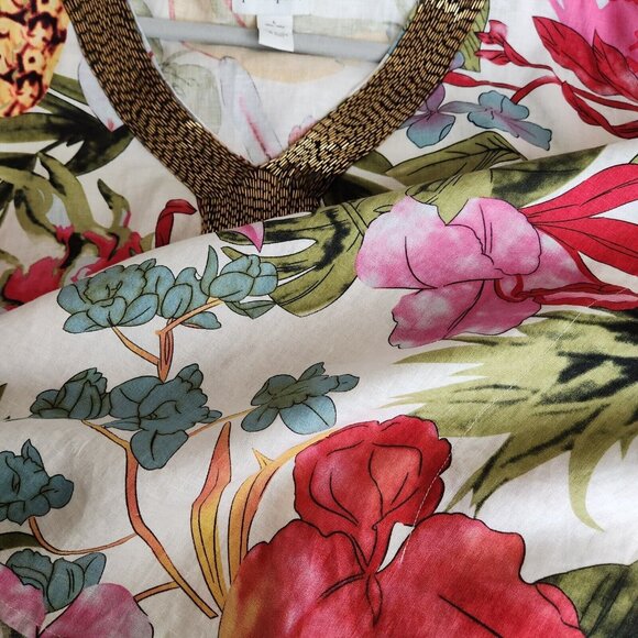 Peck & Peck 100% Linen Blouse L Floral Beaded Collar Poncho Oversize Boxy Kimono - Picture 13 of 14